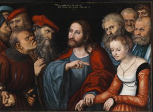 Lucas Cranach der Ältere: "Christus und die Ehebrecherin", 1532, Malerei auf Lindenholz. (© Szépmüvészeti Múzeum / Museum of Fine Arts, Budapest, 2016 / Foto: Dénes Jósza)